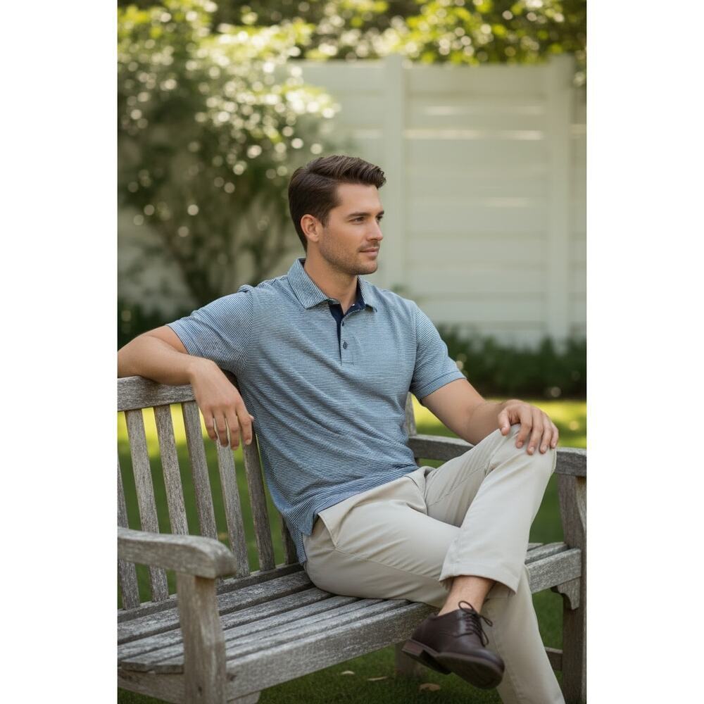 Michael Kors Striped Polo Shirt – Navy & White Logo Trim Men’s Size L - Picture 2 of 7